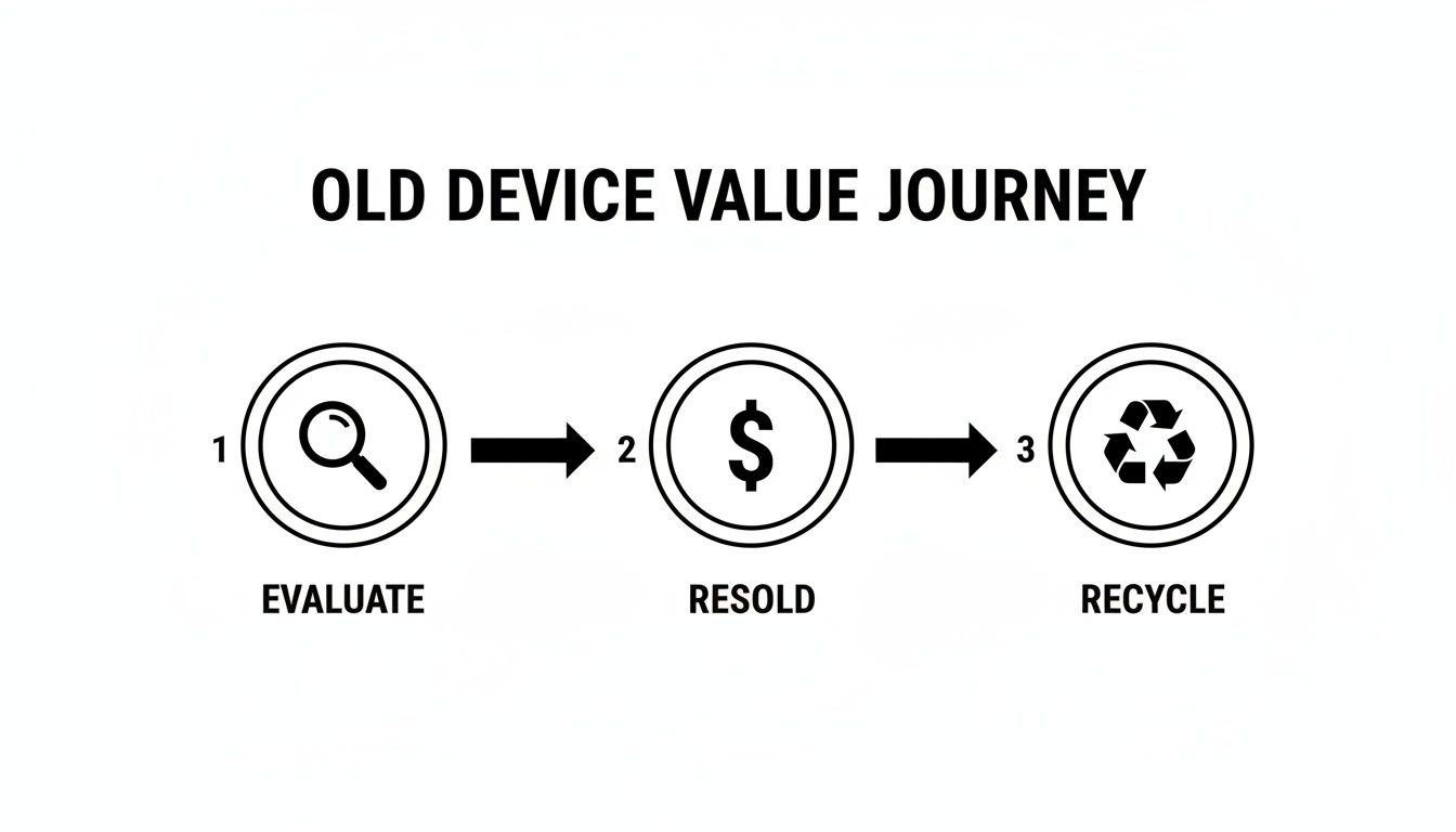 A diagram illustrates the old device value journey: evaluate, resold, and recycle steps.