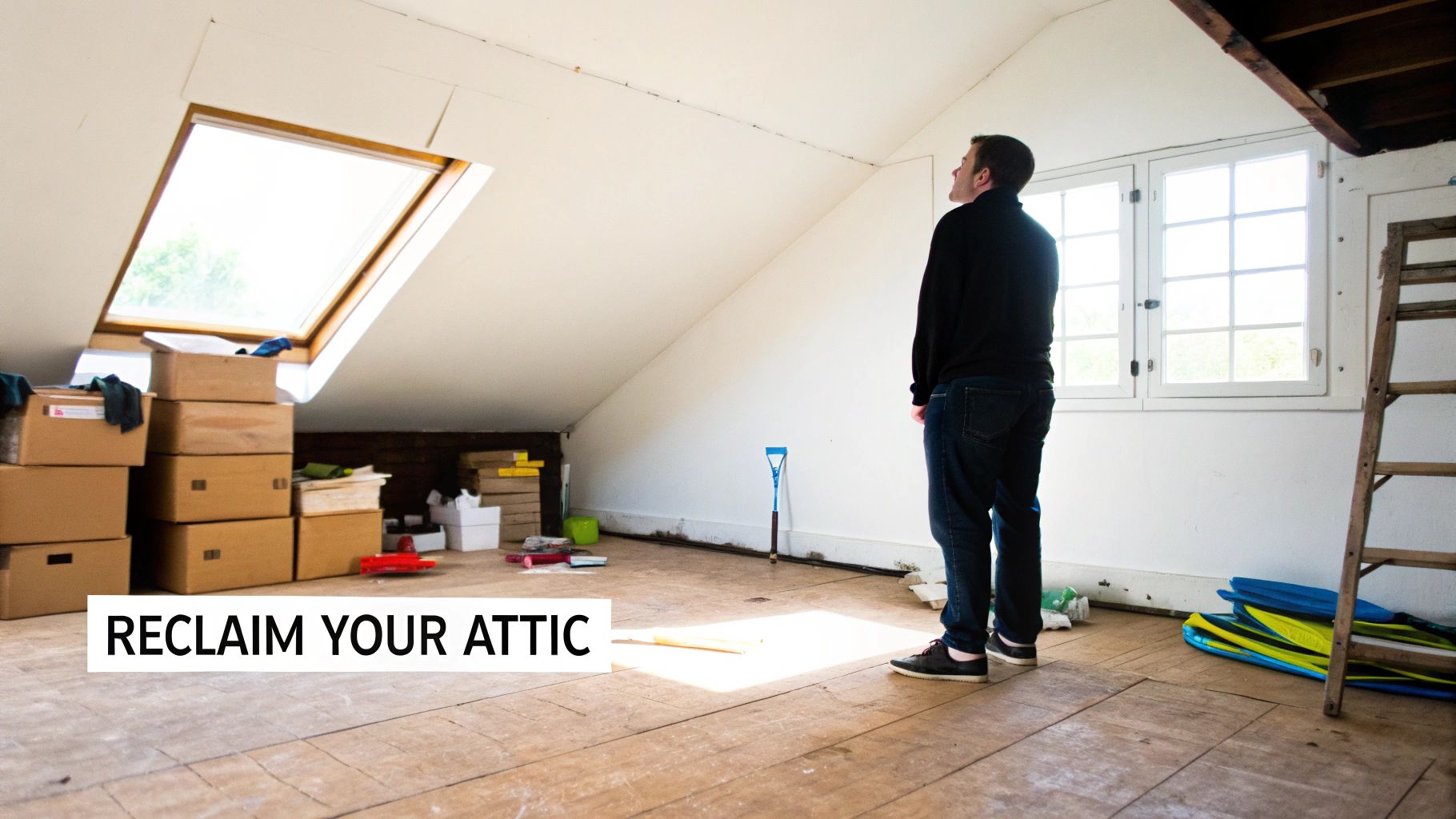 A man stands in a spacious, sunlit attic, looking up, with boxes and a ladder, ready to organize.