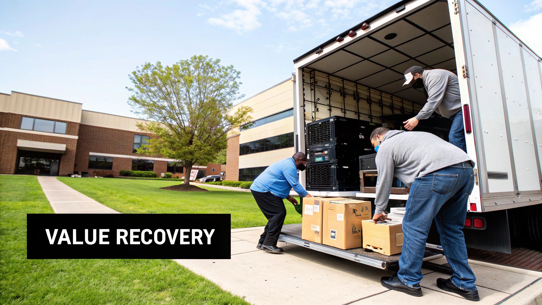 Workers load electronics and boxes onto a truck for e-waste value recovery outside a building.