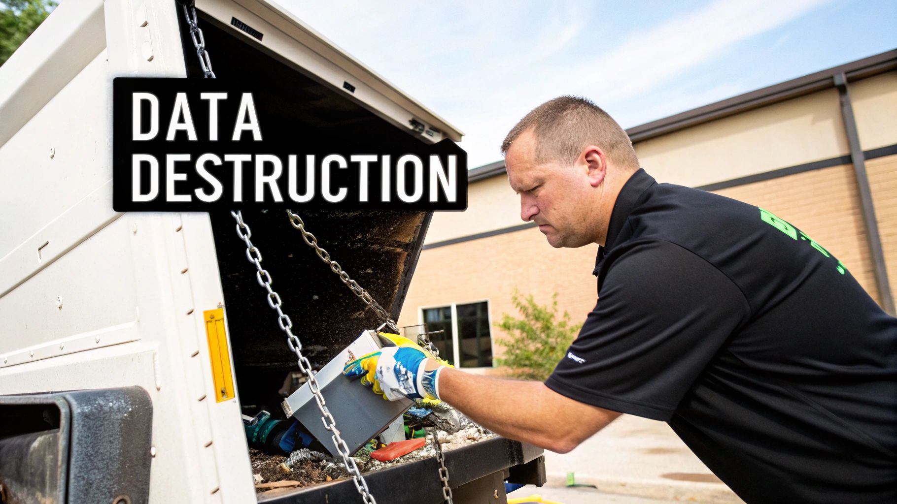 Man in work gloves loading electronic waste into a data destruction shredder outdoors.