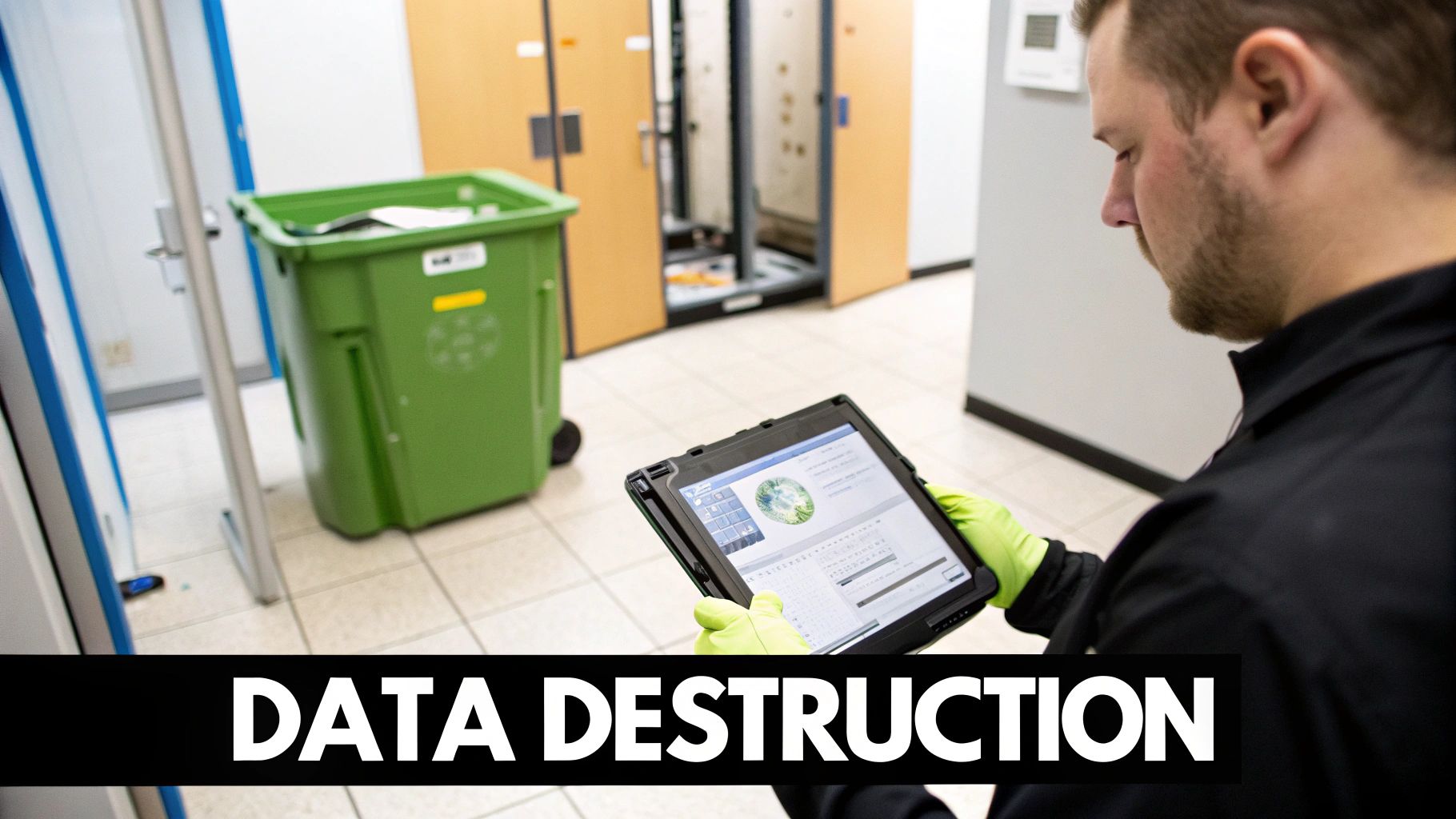 A technician securely handling electronic components in a data center.