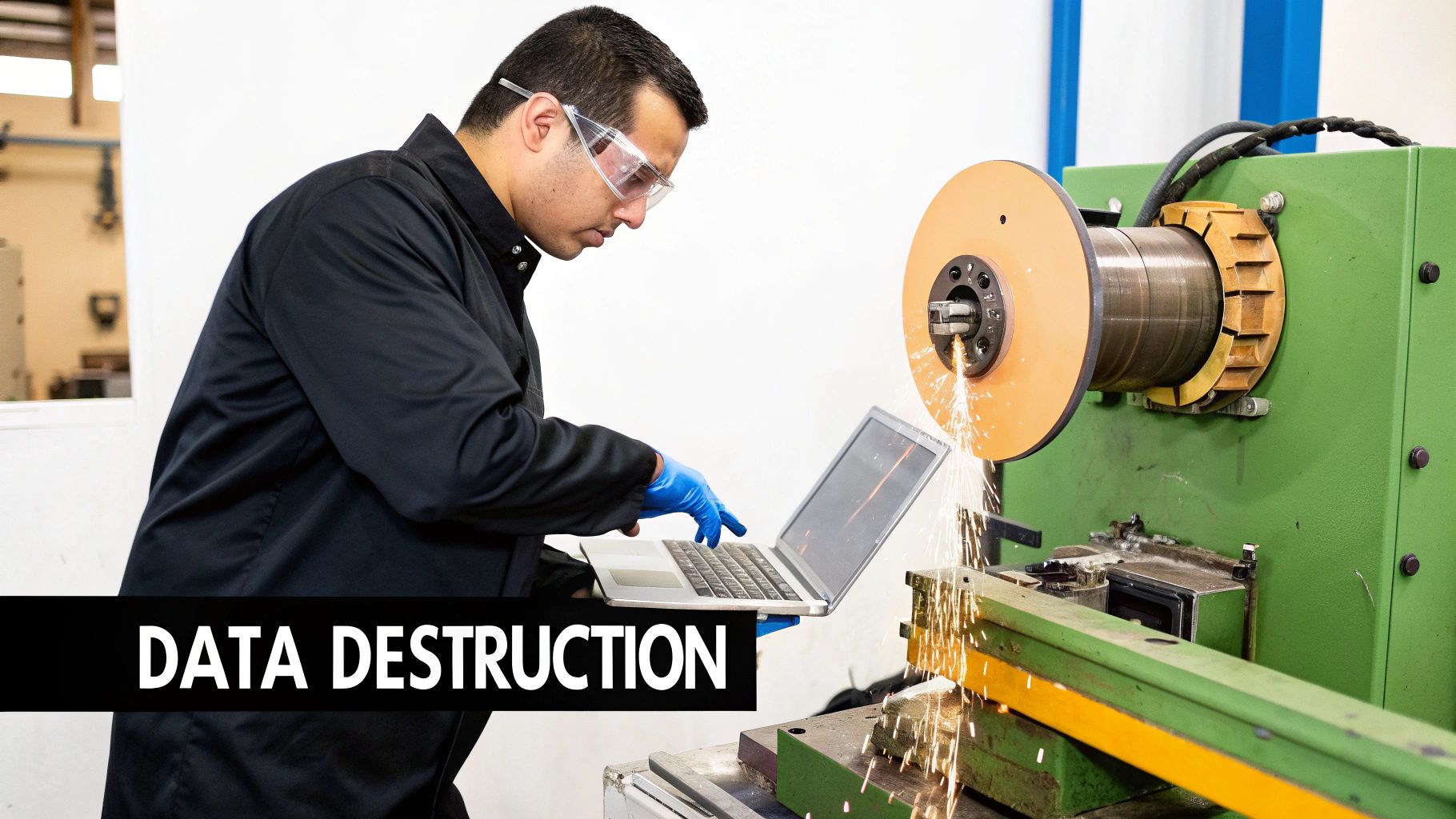 A technician in safety gear uses a grinding machine to destroy electronic data while monitoring a laptop.