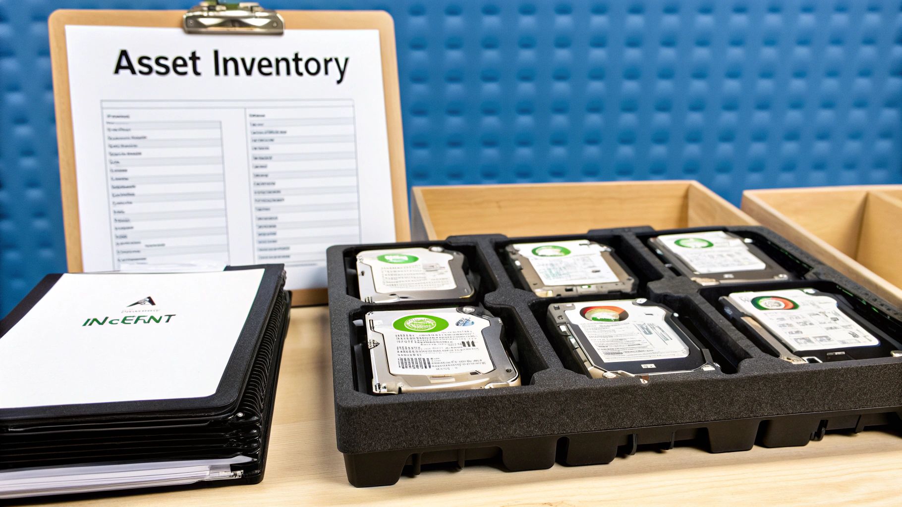 Multiple computer hard drives securely packed in a foam case, next to an 'Asset Inventory' clipboard.