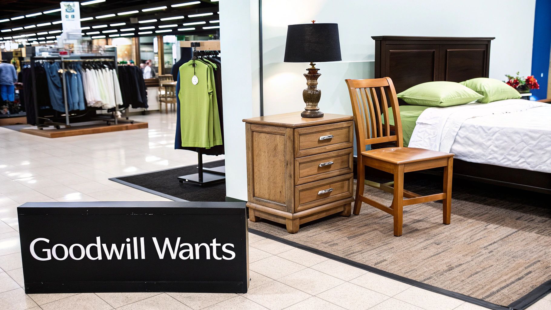 Inside a Goodwill store, furniture like a bed, nightstand, and chair are displayed near clothing racks.
