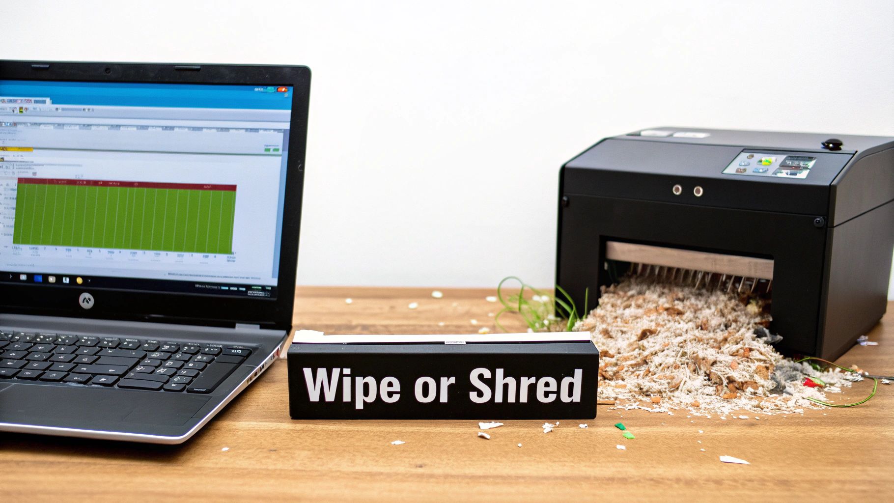 A laptop and a data shredder with a pile of shredded material on a wooden table, next to a 'Wipe or Shred' sign.