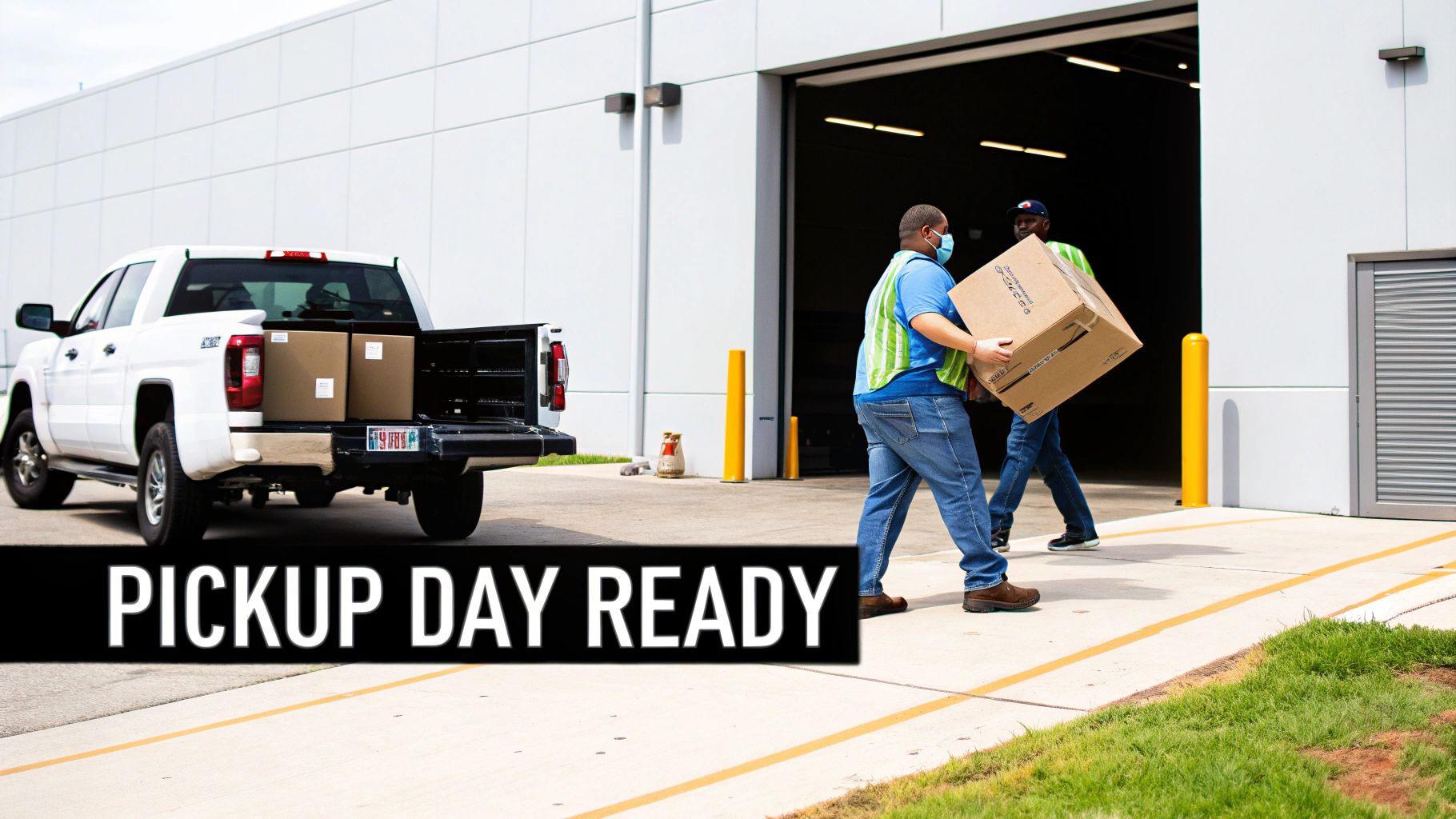 Two men move a large box from a building towards a white pickup truck loaded with boxes, ready for pickup day.