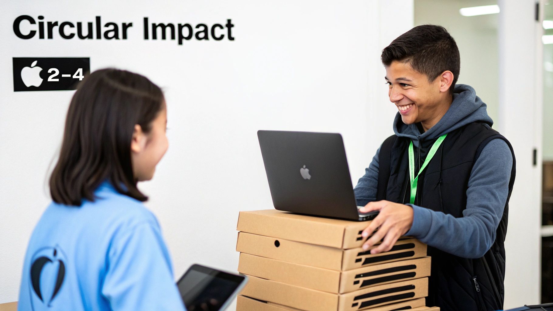 Smiling person with an Apple laptop on boxes, engaging with another in a computer recycling initiative.