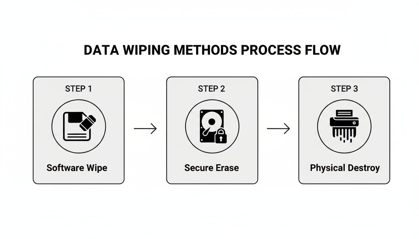 A process flow diagram illustrating three methods of data wiping: Software Wipe, Secure Erase, and Physical Destroy.