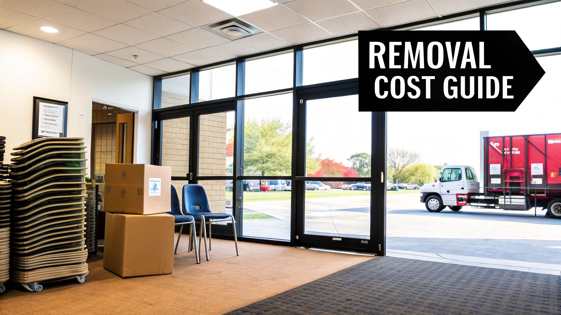 A clean, modern office space with furniture and boxes, ready for a junk removal service.