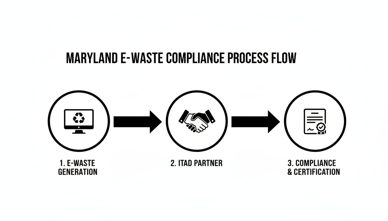 Flowchart illustrating Maryland e-waste compliance process: generation, ITAD partnership, and certification.