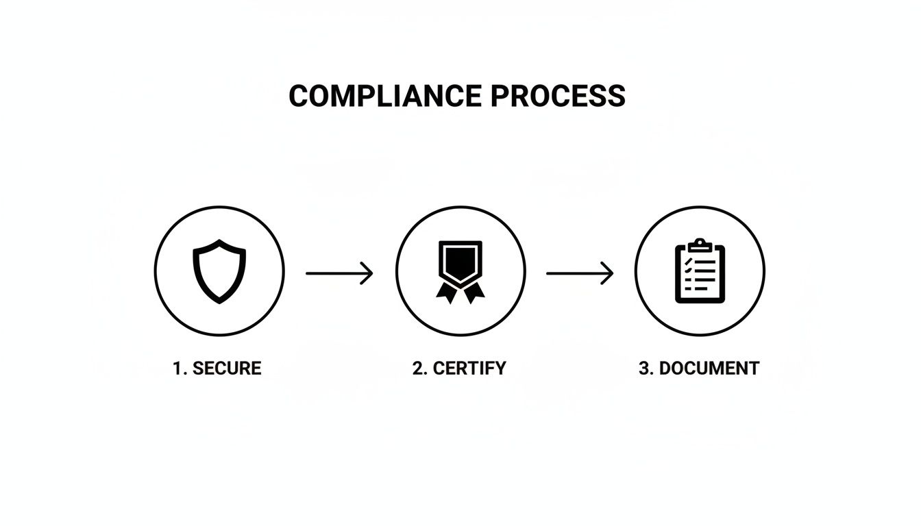 A simple diagram illustrating the compliance process with three steps: secure, certify, and document.