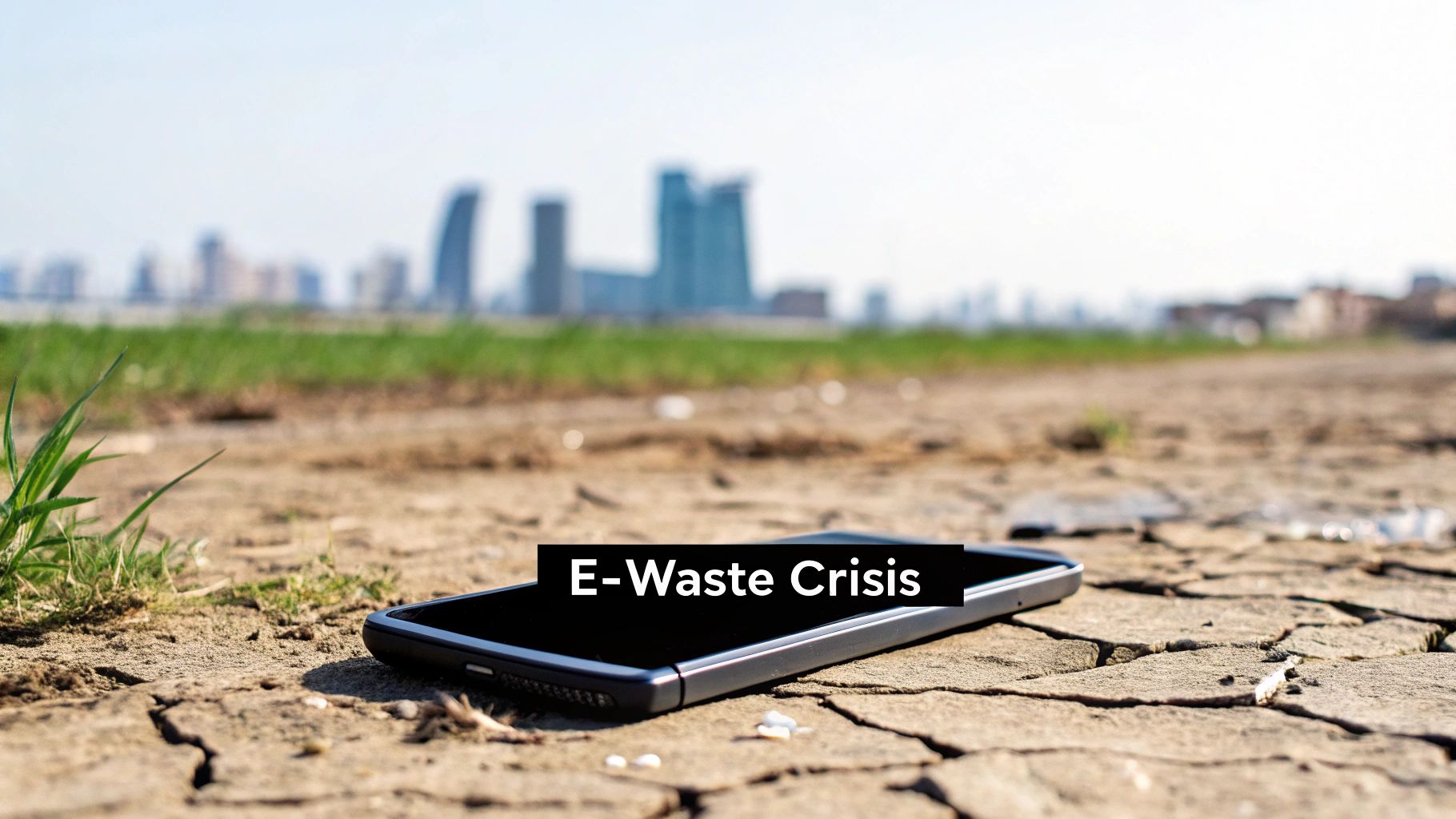 A discarded smartphone lies on cracked earth with a city skyline in the background, labeled 'E-Waste Crisis'.