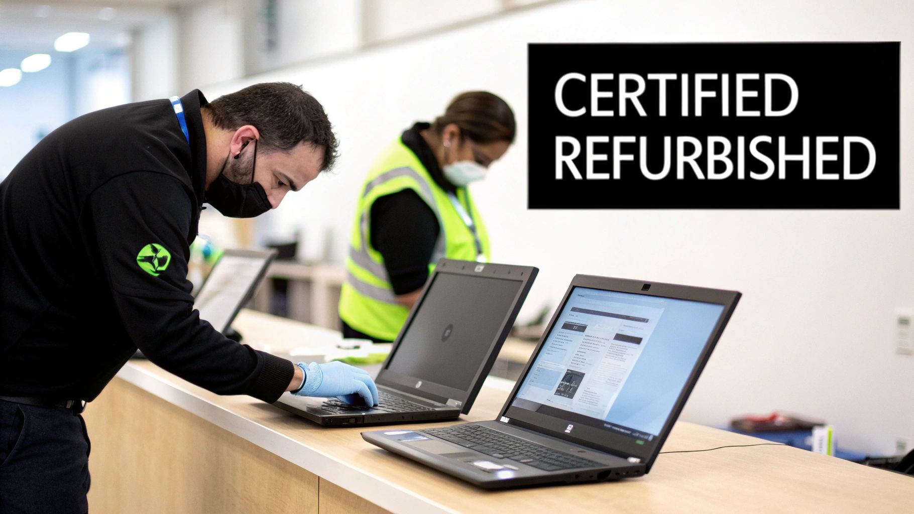 A technician in a mask and gloves works on a laptop at a certified refurbished computer facility.