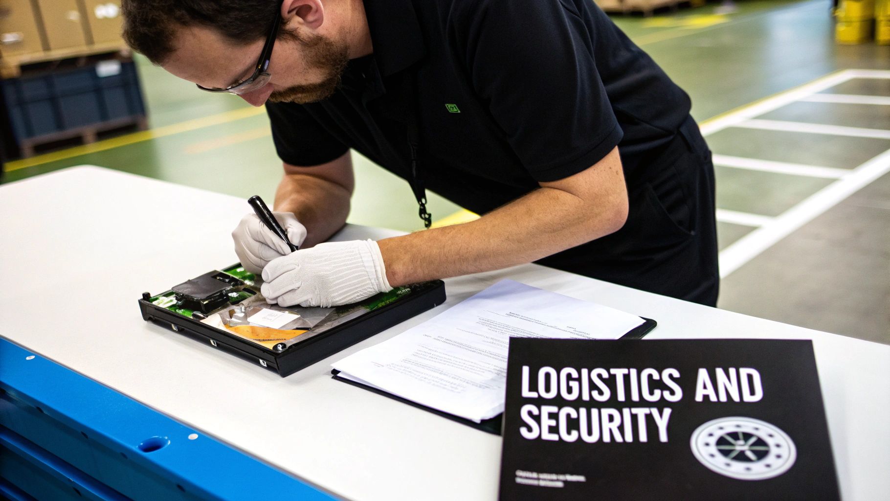 A man in safety glasses and gloves works on electronics, with a 'Logistics and Security' book nearby.
