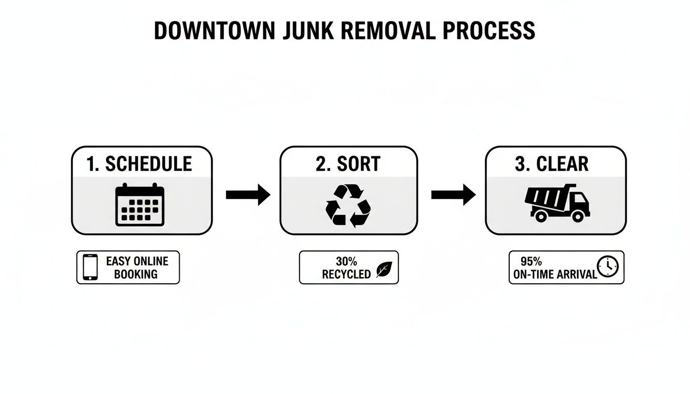 A three-step junk removal process infographic: schedule, sort with 30% recycled, and clear with 95% on-time arrival.
