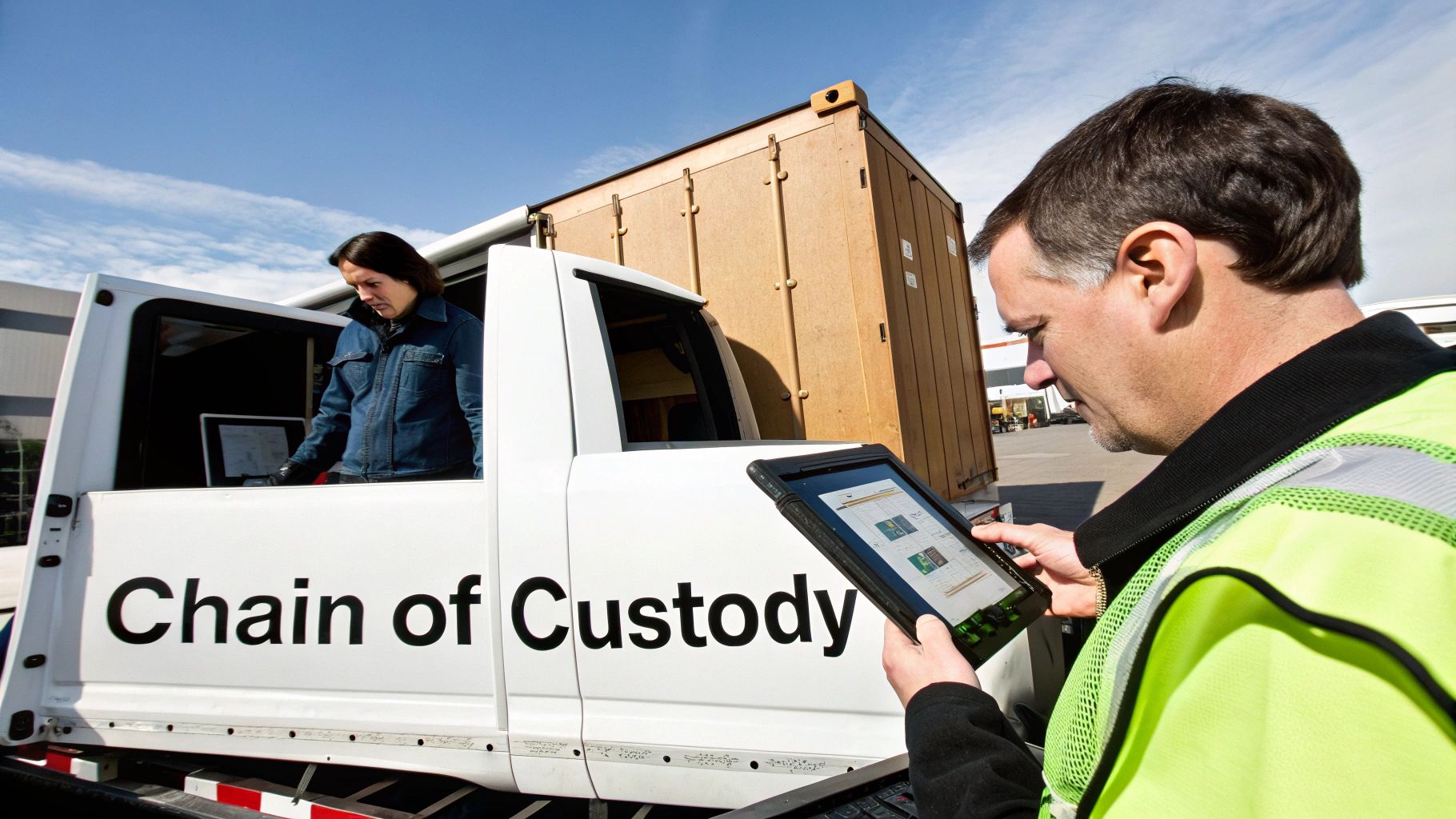 Two workers use digital devices for chain of custody during electronics recycling operations.