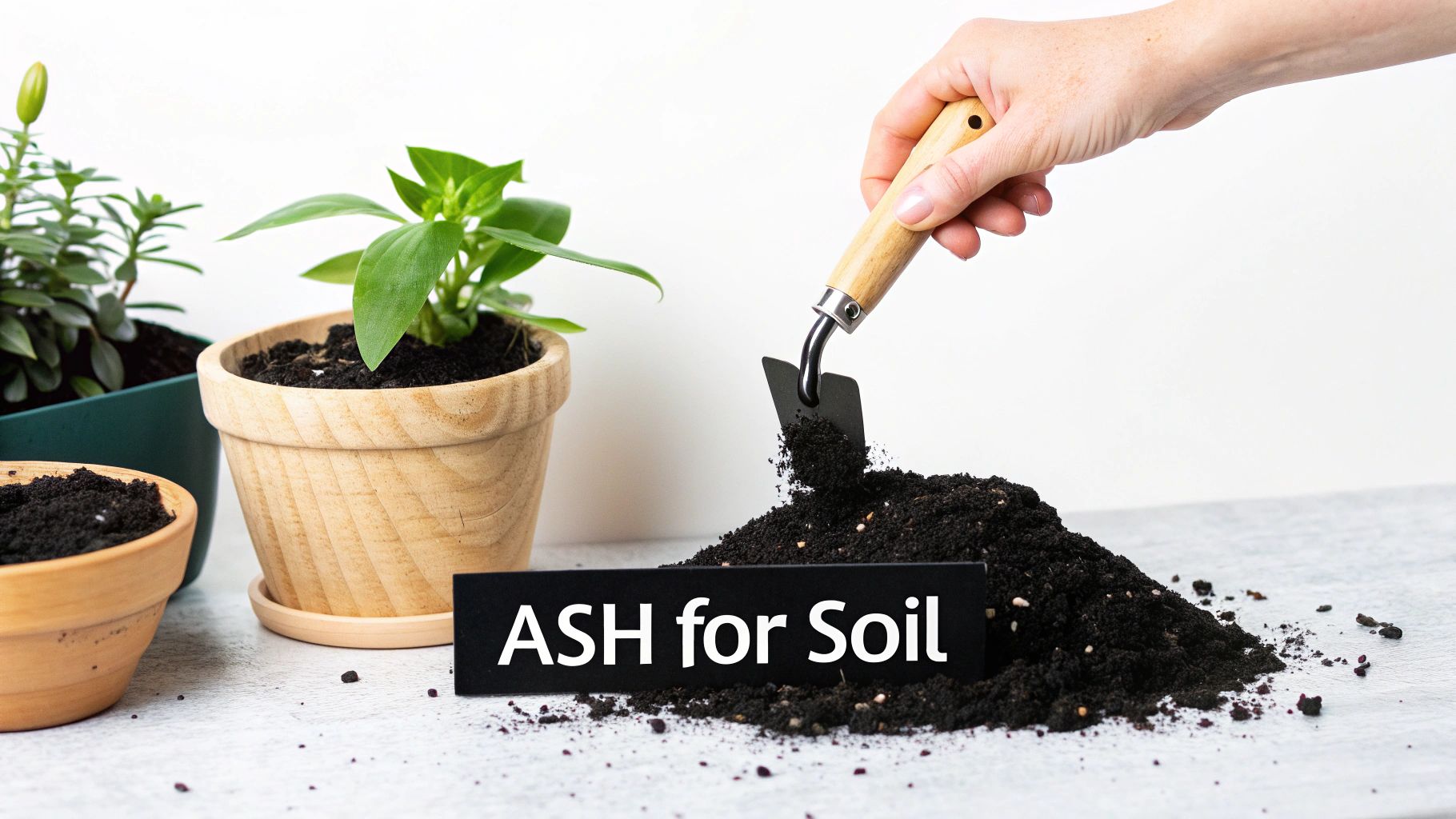 A hand scoops dark soil with a trowel next to potted plants and an 'ASH for Soil' sign.