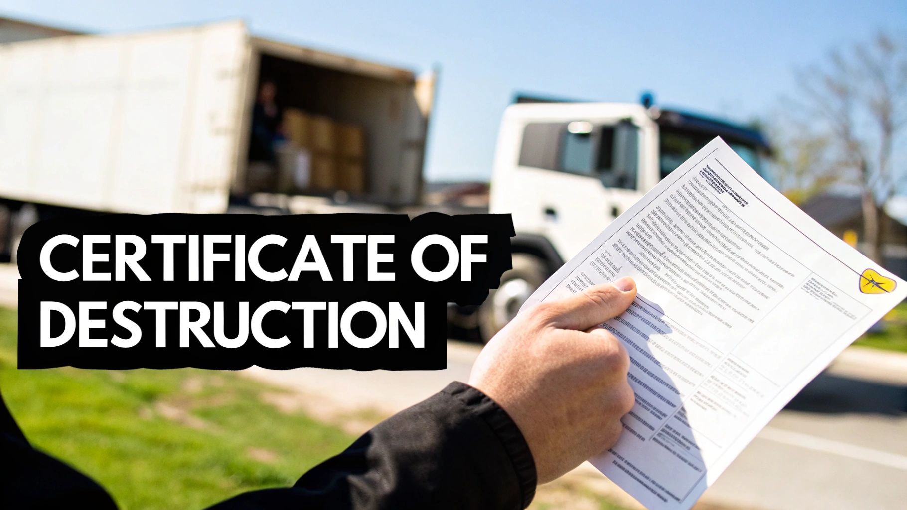 Hands holding a 'Certificate of Destruction' document, with a truck in the background for disposal.