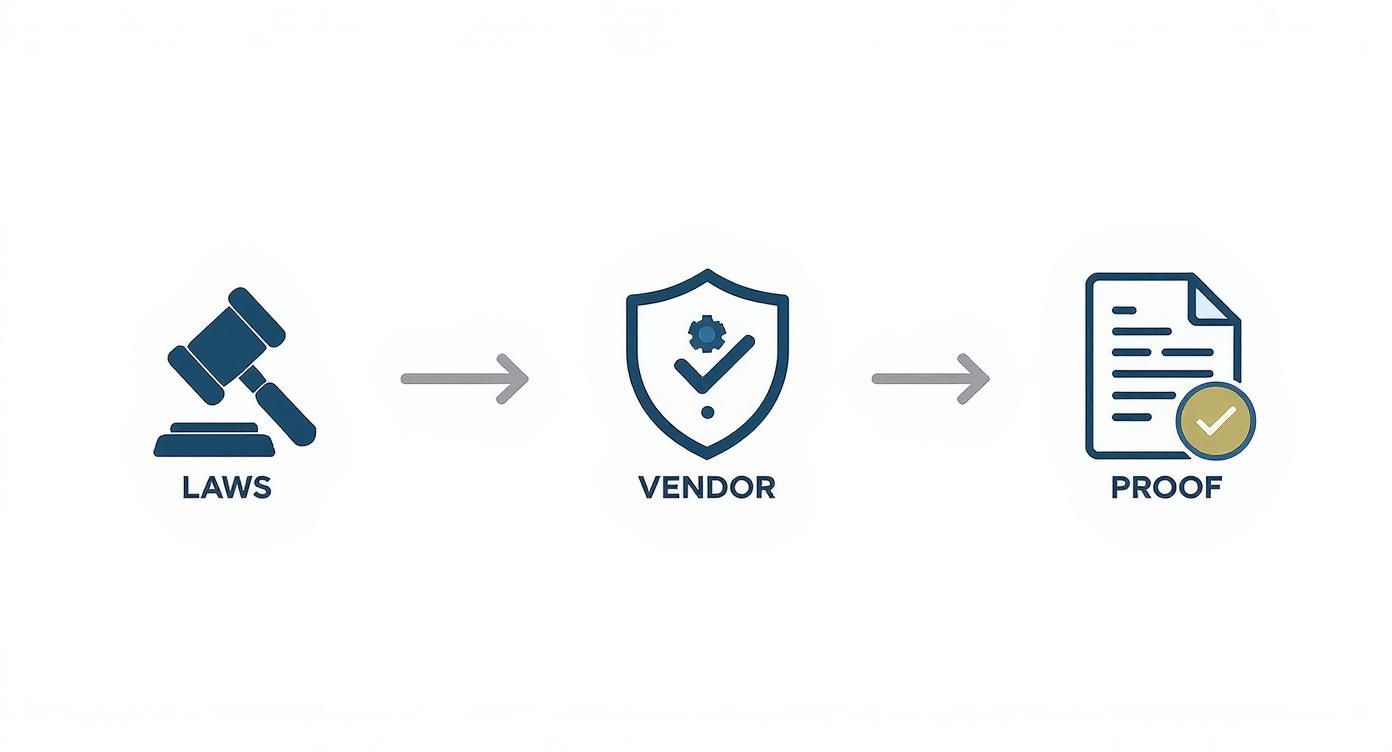 A process diagram showing laws (gavel) influencing a compliant vendor (shield), leading to verifiable proof (document).