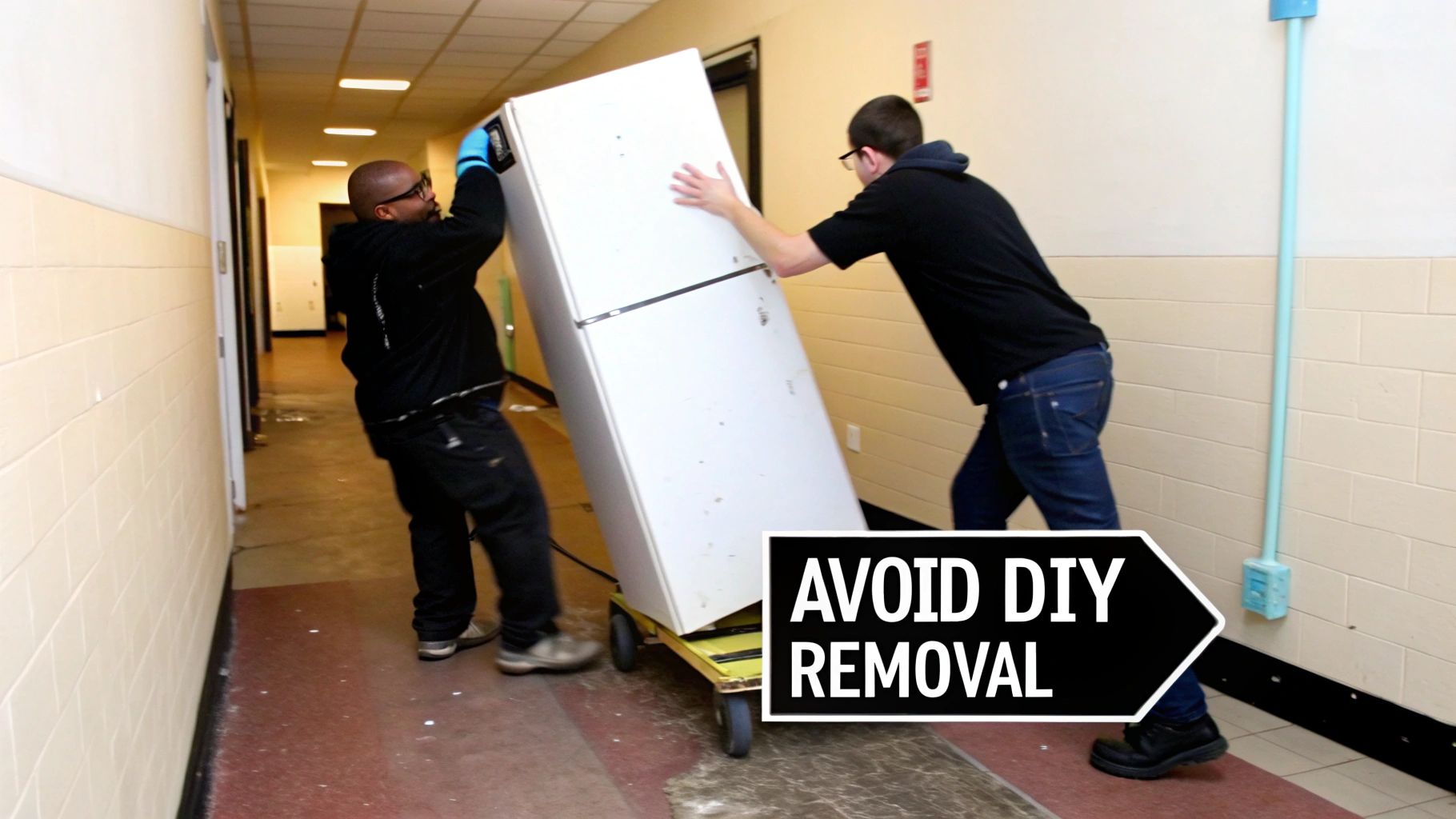 Two men struggle to move a large white refrigerator on a dolly in a hallway, emphasizing professional removal.