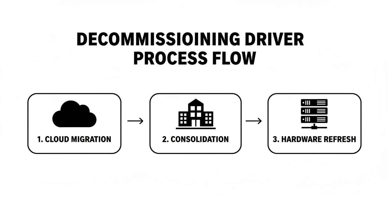 A diagram outlining the decommissioning driver process flow with steps: cloud migration, consolidation, and hardware refresh.