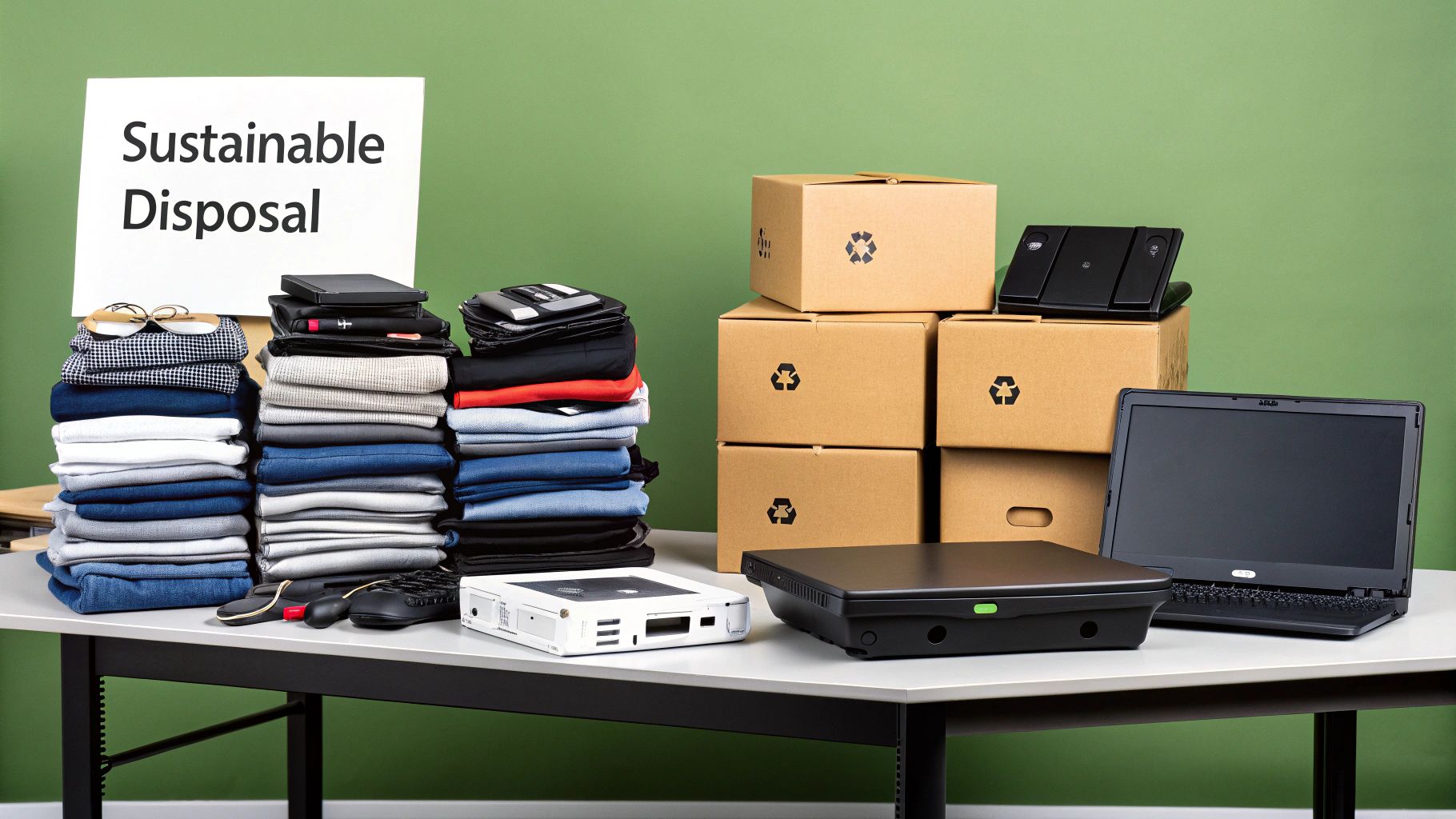 A table with stacks of folded clothes, electronics, and recycling boxes for sustainable disposal.