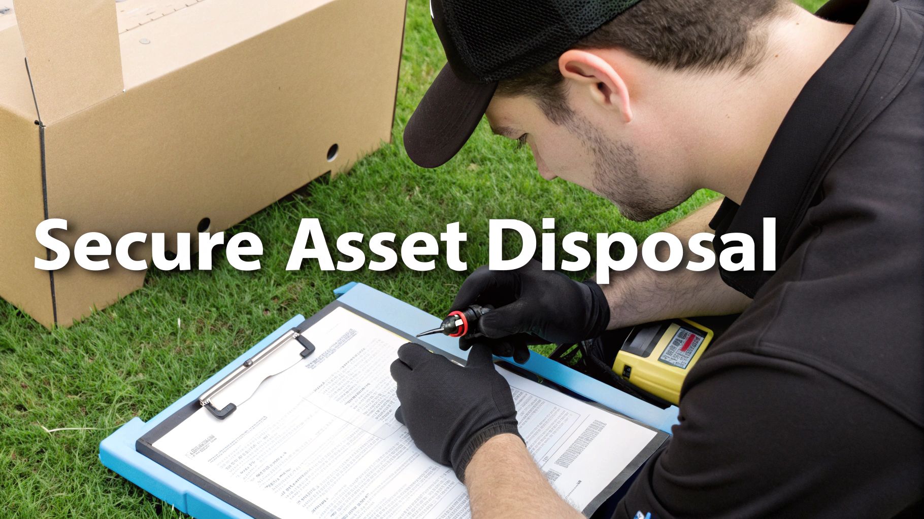 A technician wearing black gloves and cap inspecting documents on a clipboard for secure asset disposal.