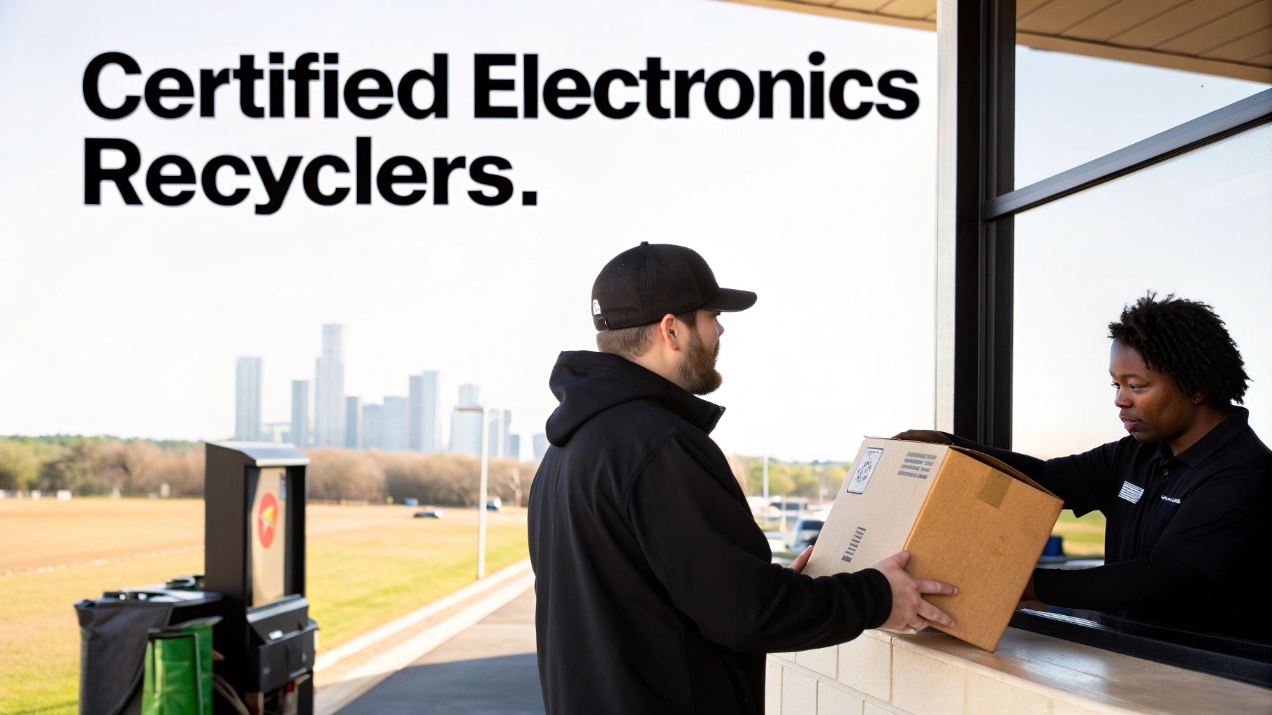 A man hands a box to another man at a certified electronics recyclers drive-thru.