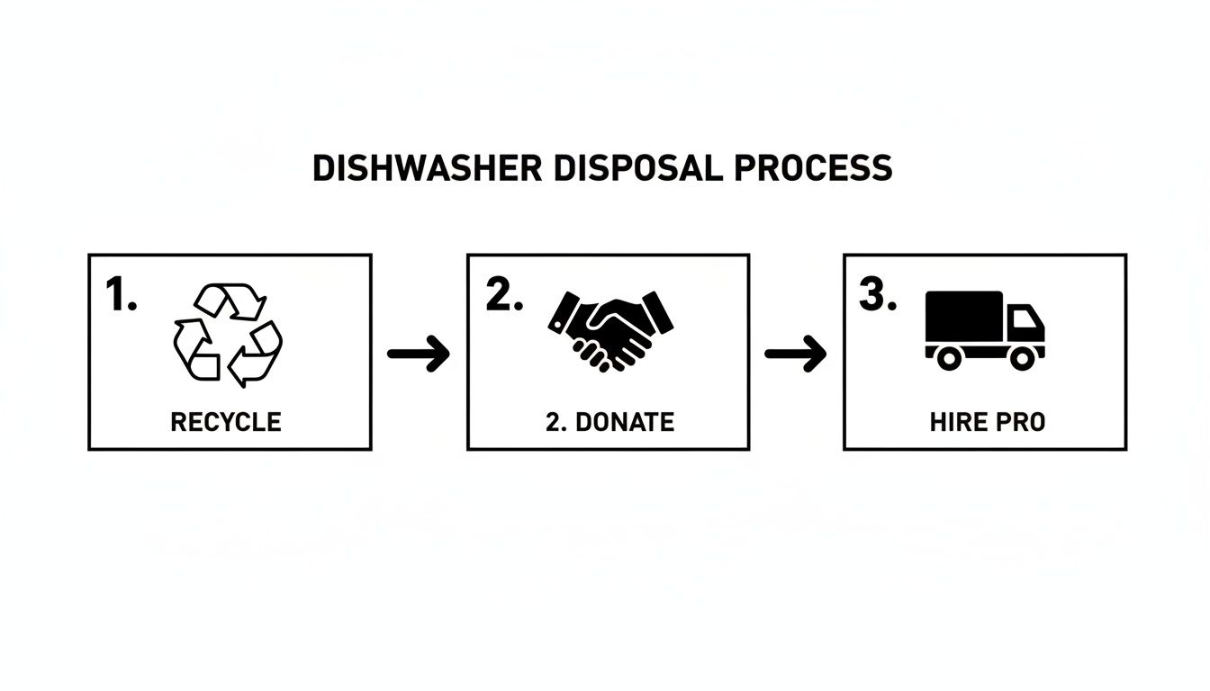 Diagram illustrating a three-step dishwasher disposal process: recycle, donate, or hire a professional.