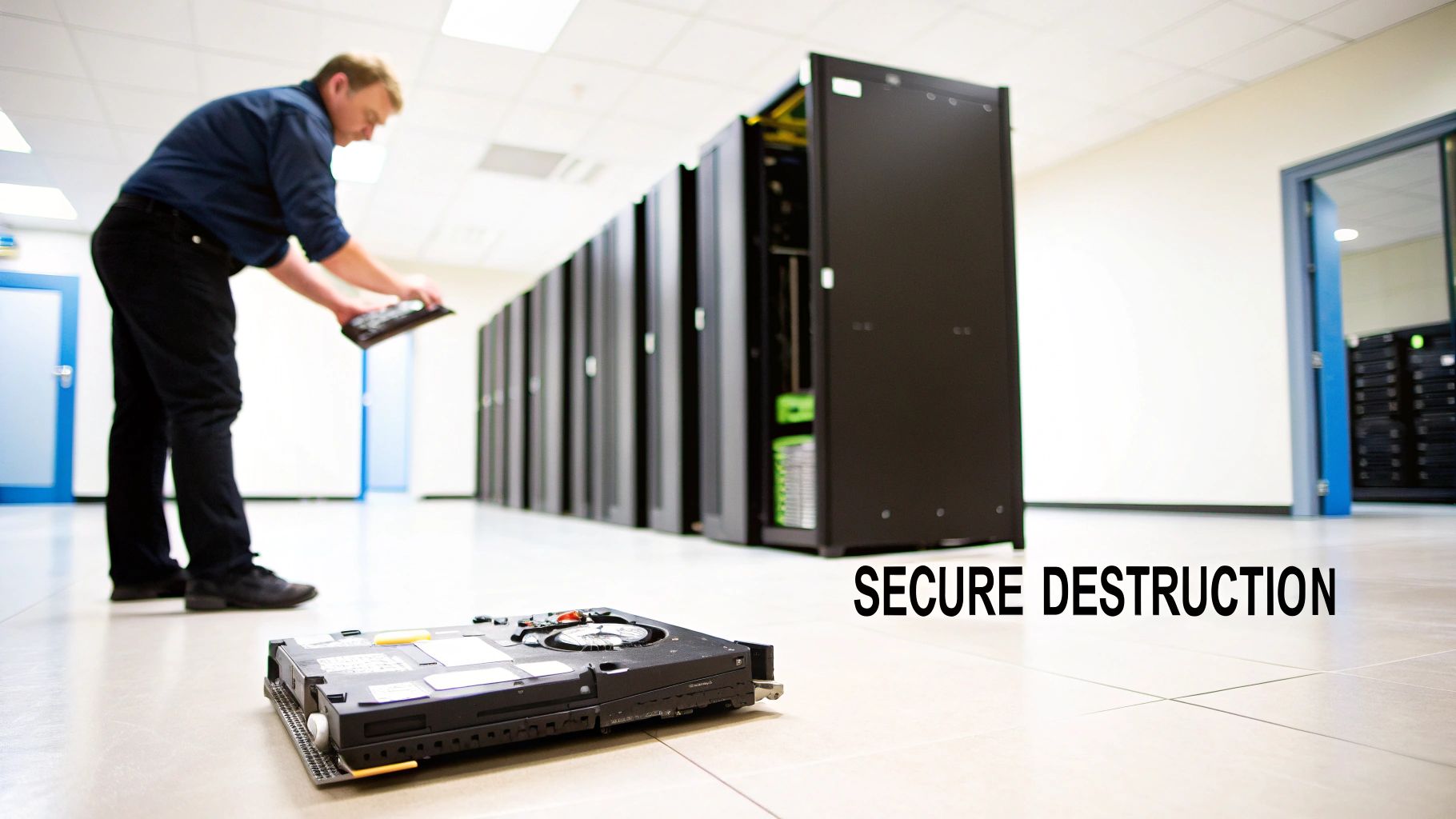 A technician handles server components in a data center, with a hard drive on the floor, signifying secure data destruction.