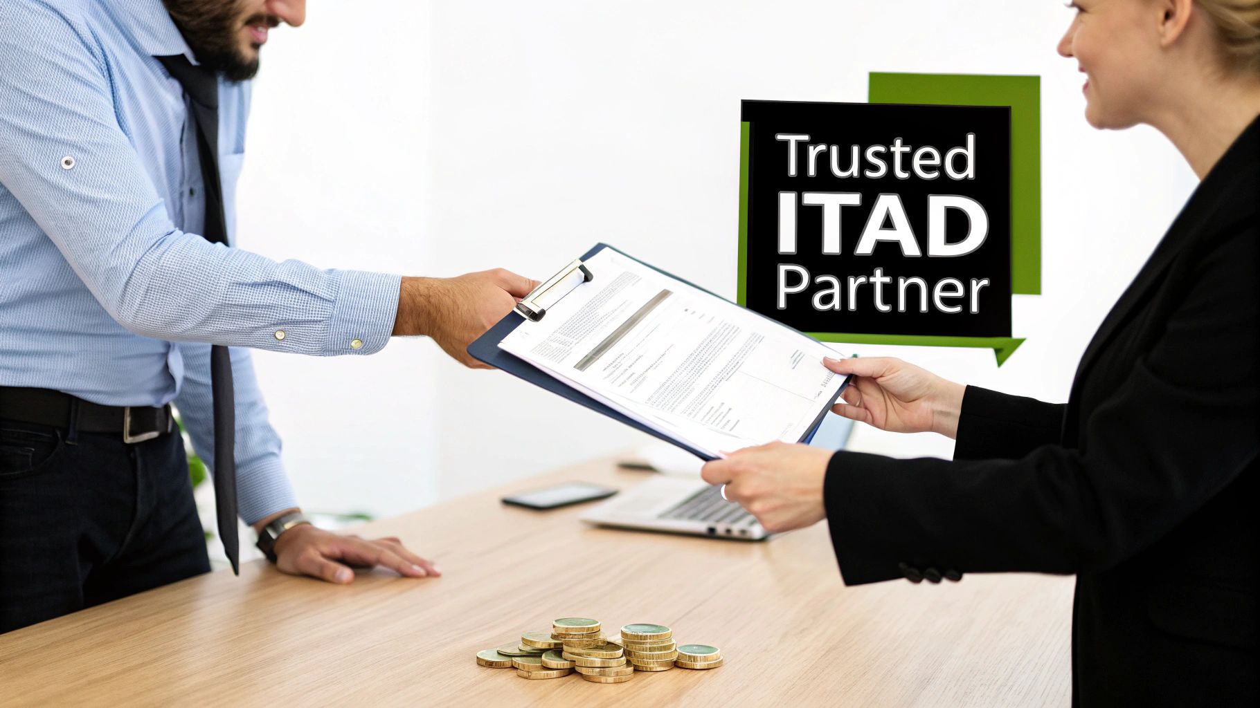 Two professionals exchange documents on a clipboard over a desk with money and an 'ITAD Partner' logo.