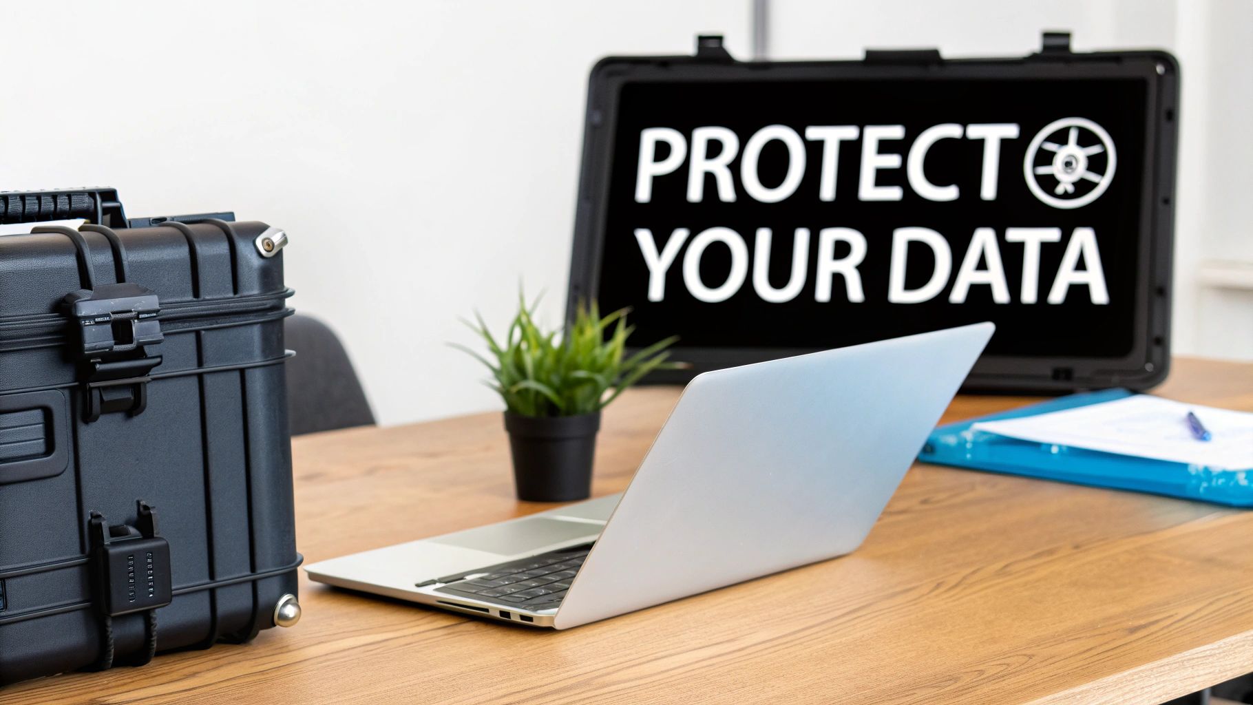 An IT professional carefully handling a hard drive in a secure data center environment.