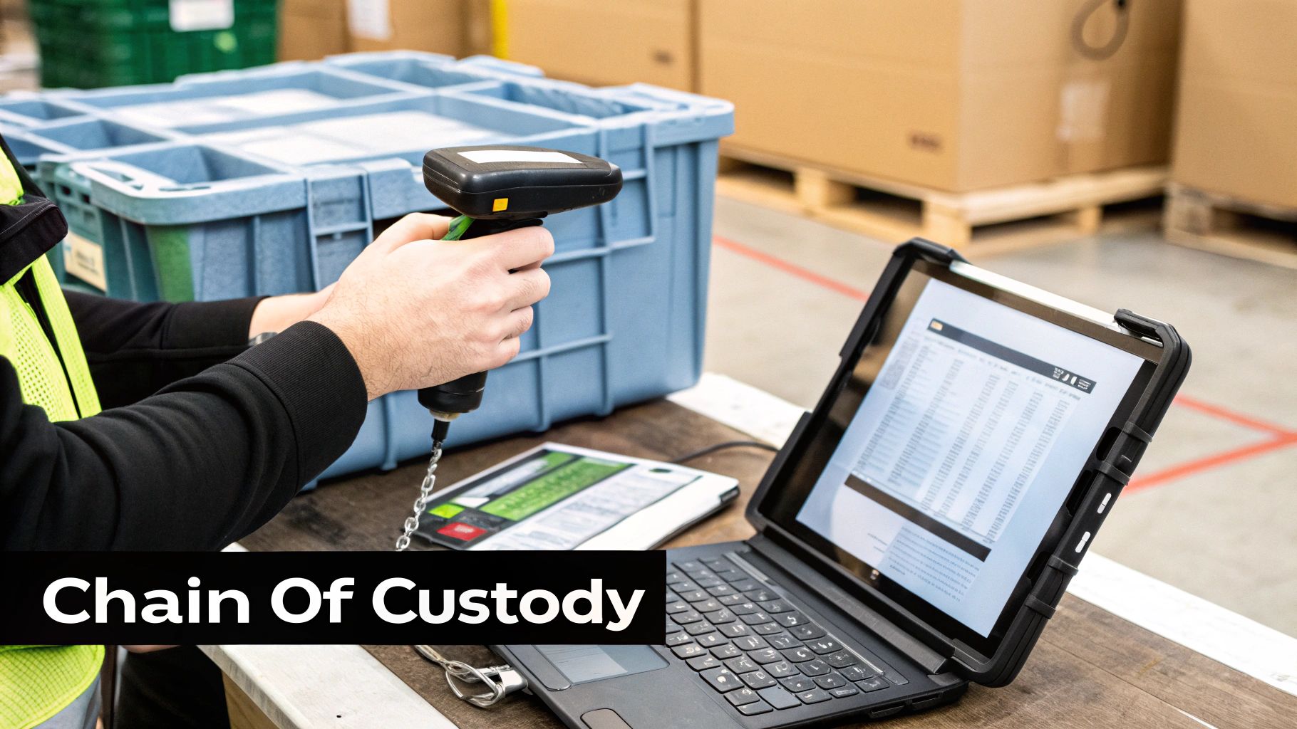 A worker in a warehouse scans items with a barcode scanner, interacting with a rugged laptop.