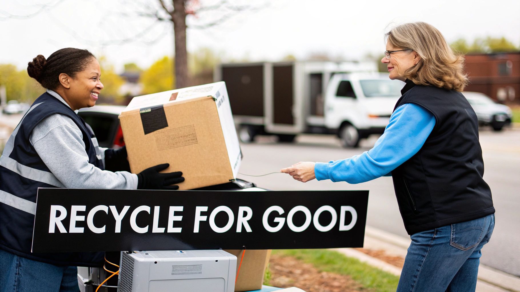 Two women exchanging cardboard box at recycling collection point for electronic waste disposal