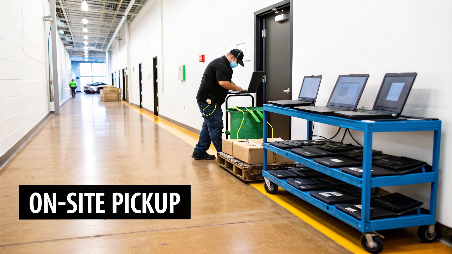 A masked technician prepares laptops on a cart for on-site IT recycling pickup in a warehouse.