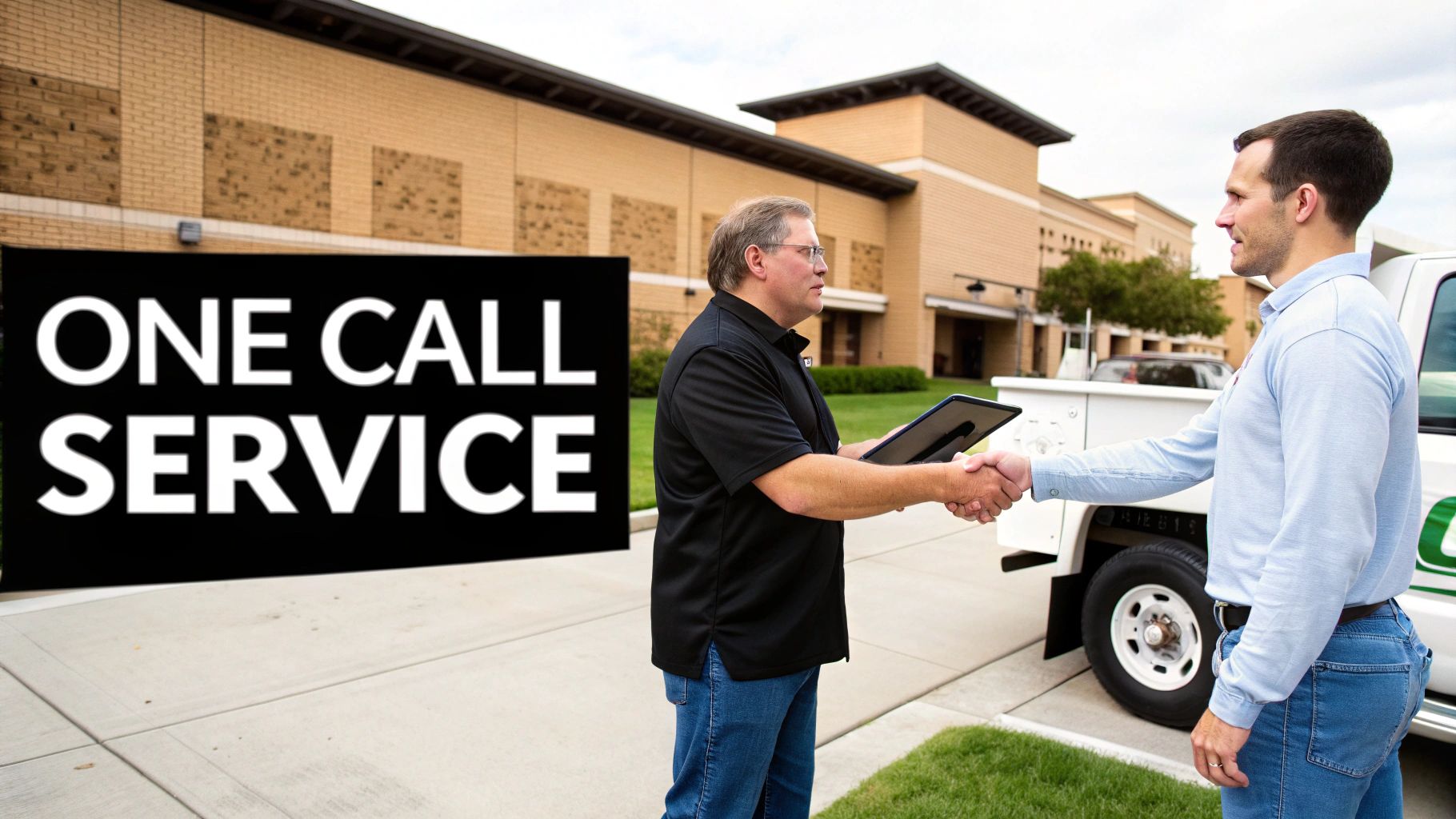 Two men shaking hands in front of a 'ONE CALL SERVICE' sign with a building in the background.