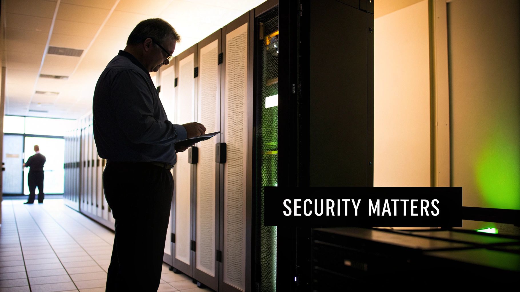 A man in a server room examines equipment with a tablet, emphasizing data security.