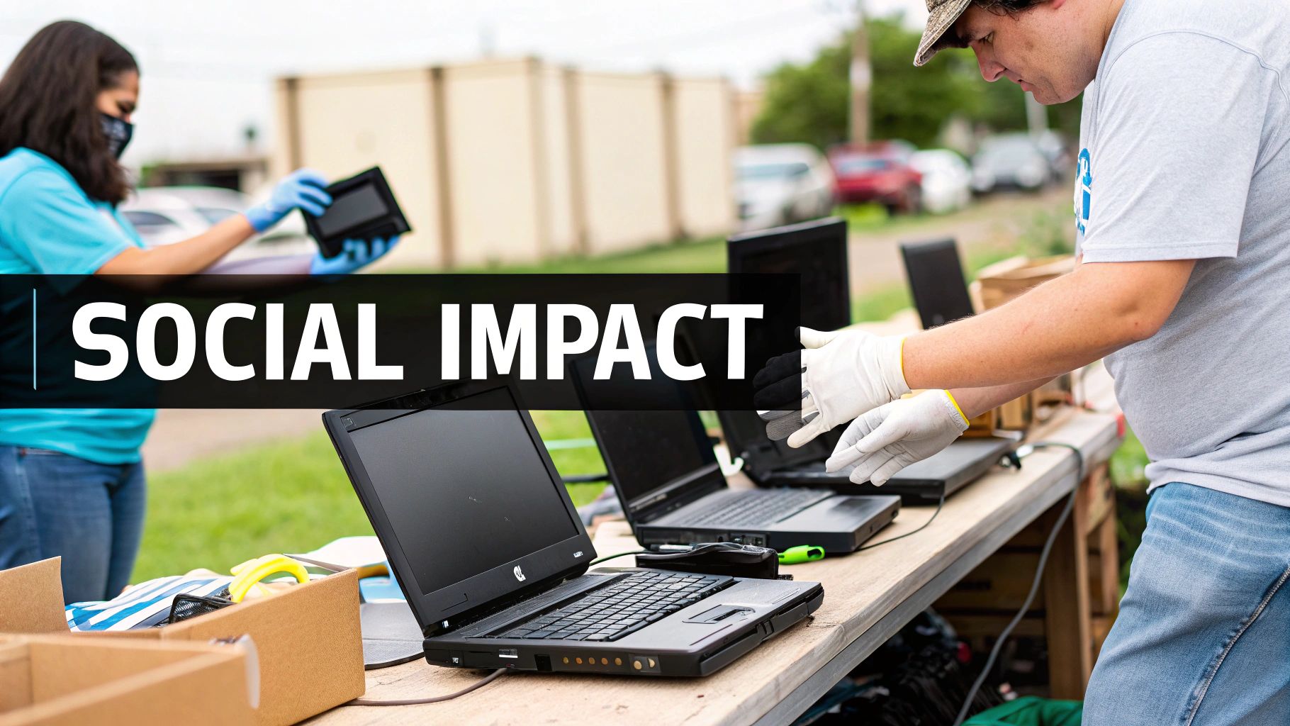 Volunteers wearing gloves process many laptops and electronic devices at an outdoor event.