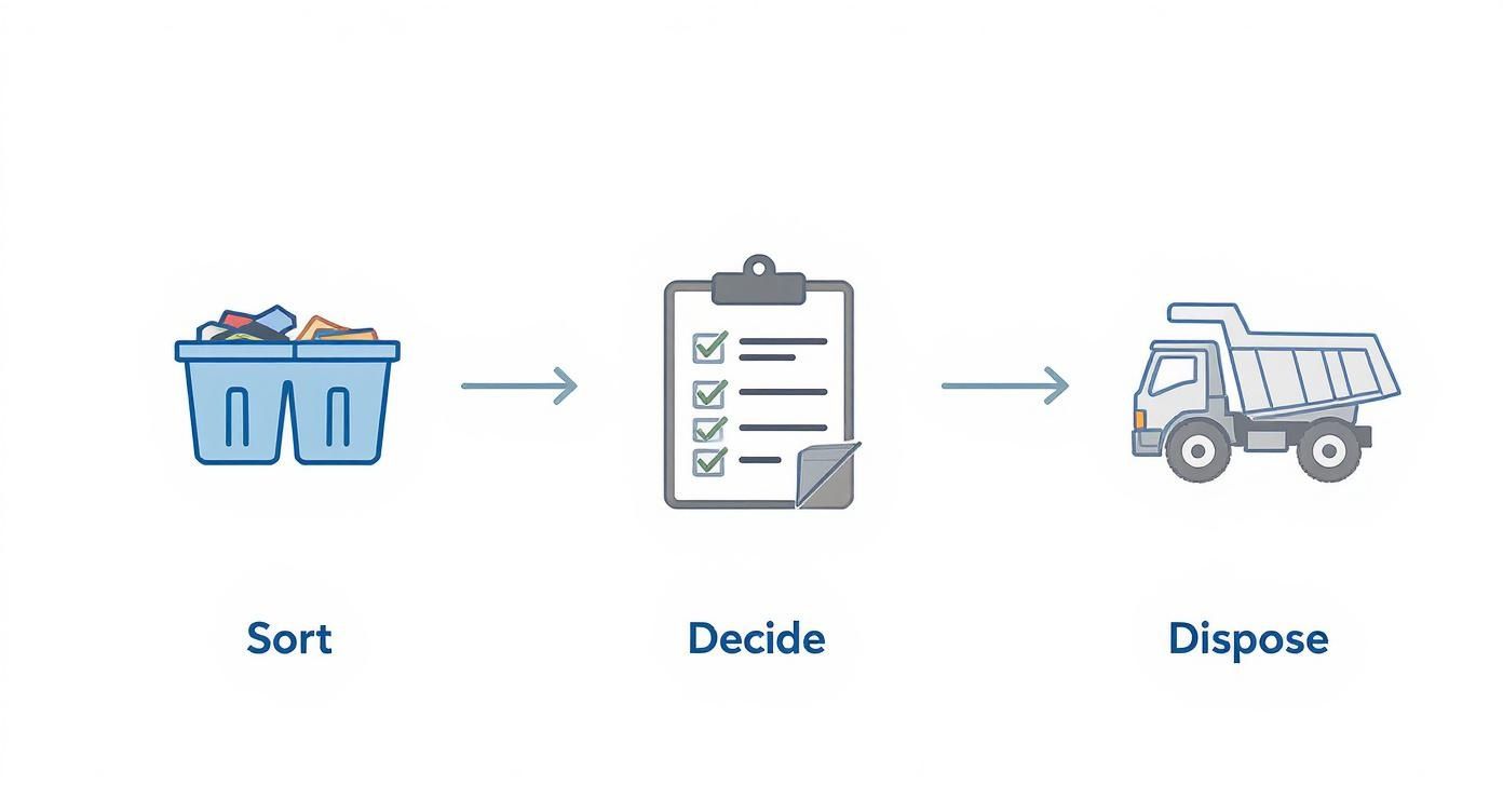 Three-step waste management process showing sort, decide, and dispose stages with recycling bins, checklist, and dump truck