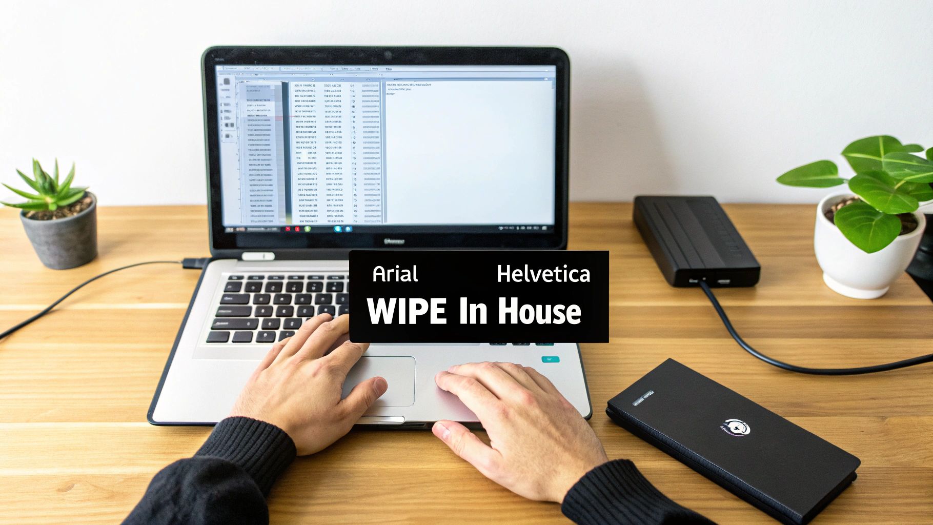 A person's hands are on a laptop keyboard, connected to external hard drives on a wooden desk.