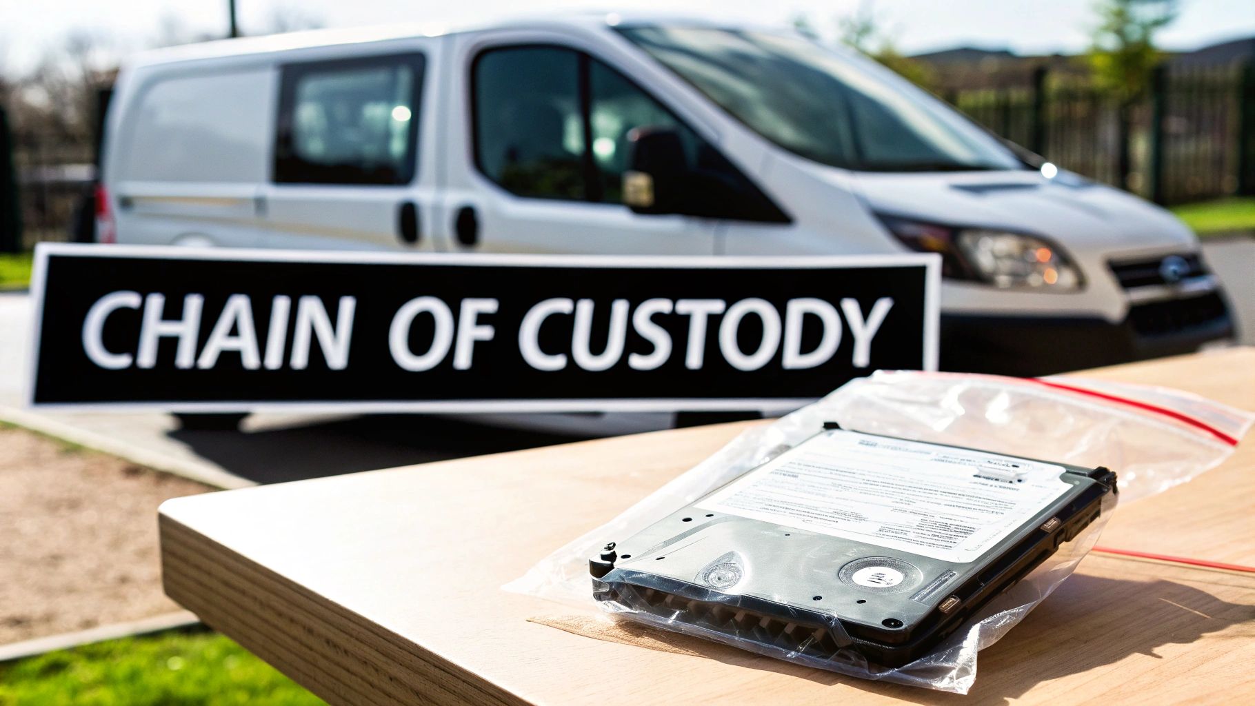 Computer hard drive in evidence bag with chain of custody sign and transport van behind
