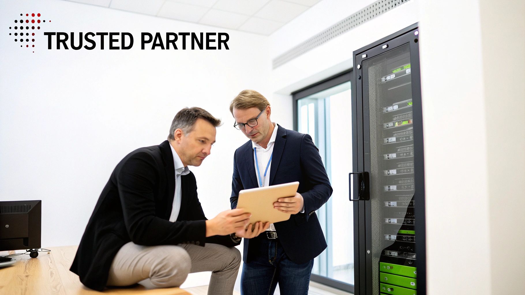 Two IT professionals discuss data center operations in front of a server rack, showcasing trusted partnership.