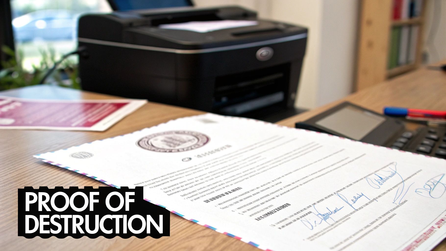 An IT professional holding a Certificate of Destruction document, with a backdrop of securely recycled electronics.