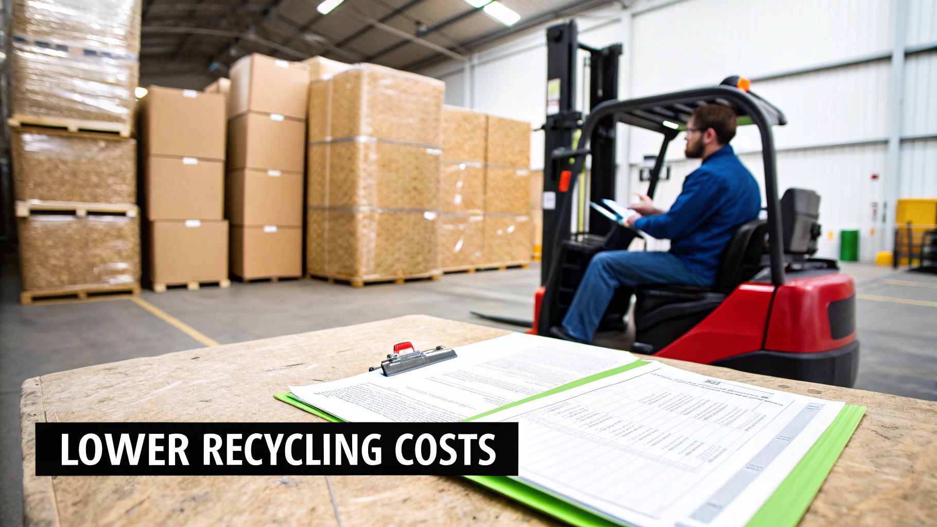 An industrial warehouse with stacked cardboard boxes, a worker on a forklift, and a document displaying 'LOWER RECYCLING COSTS'.