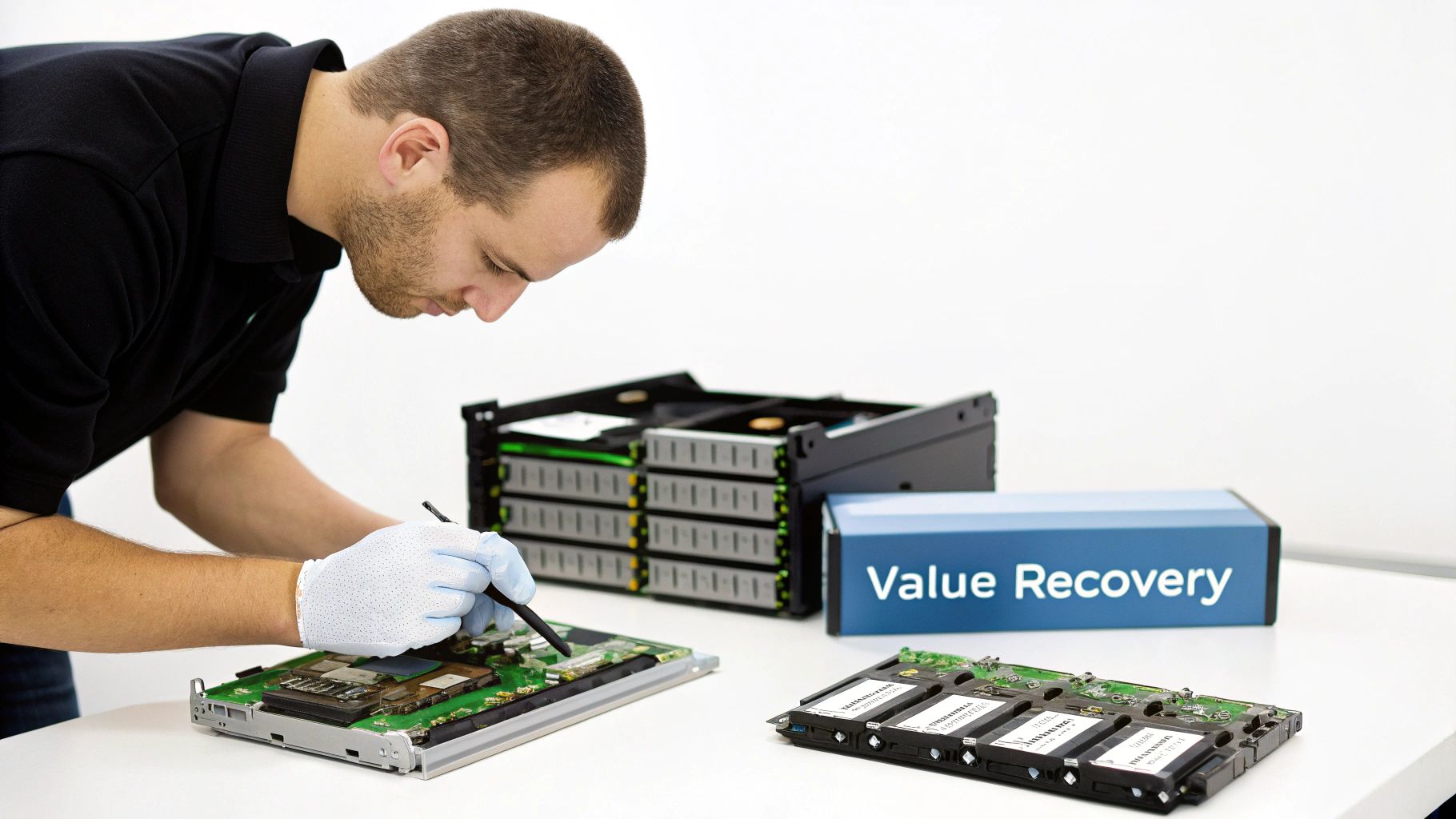 A man in gloves meticulously works on a server circuit board with tools, alongside other hardware and a "Value Recovery" box.