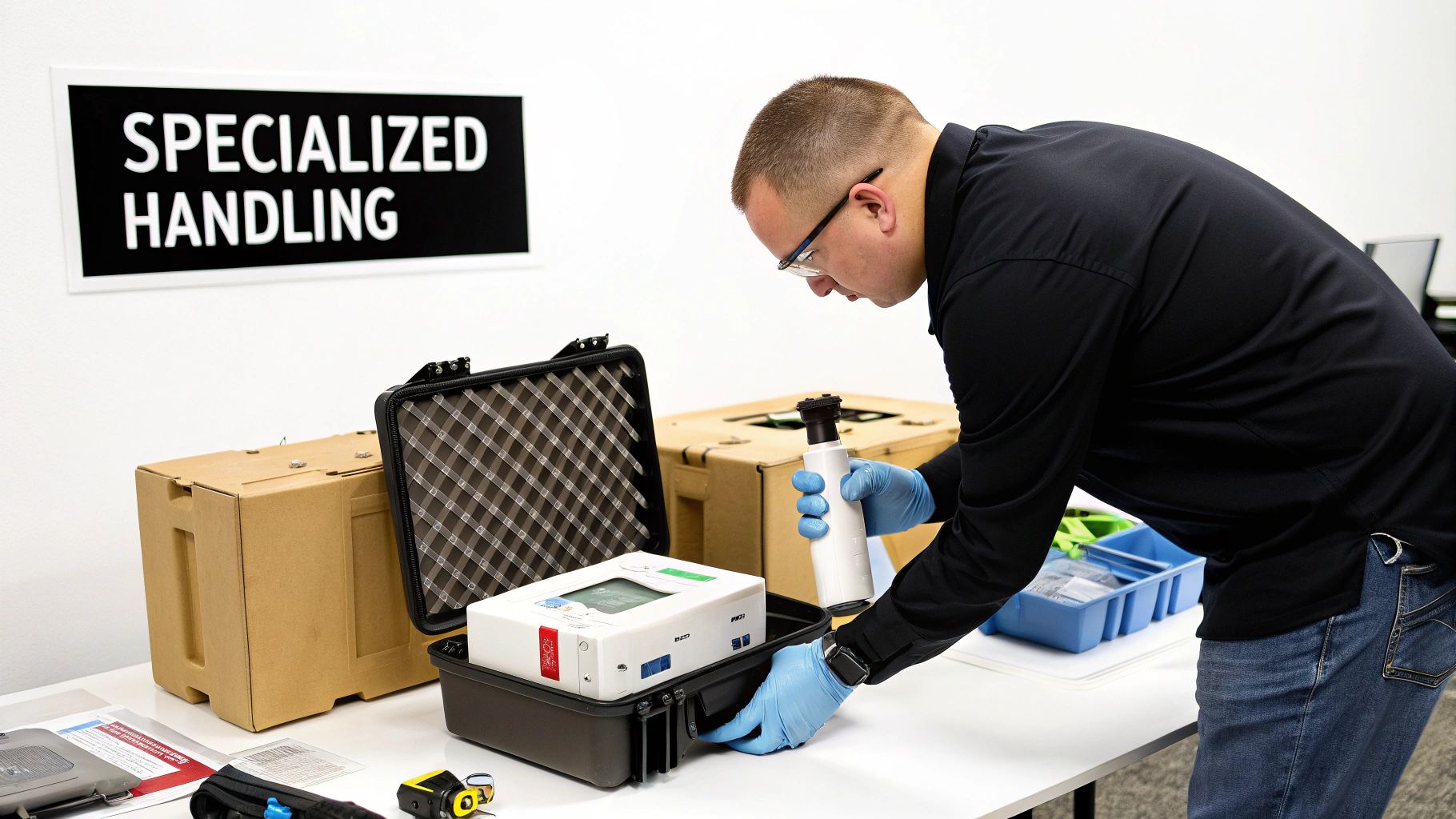 A man in gloves and safety glasses prepares specialized electronic equipment from a case.