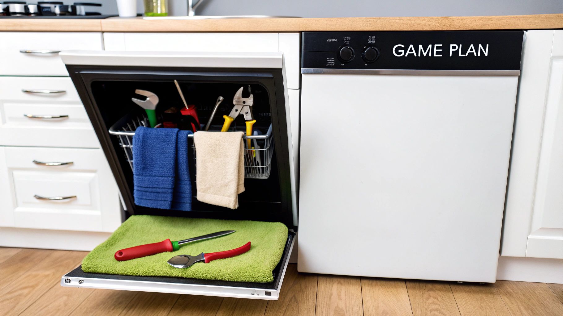 A partially open kitchen dishwasher is filled with tools and towels, with a 'GAME PLAN' label.