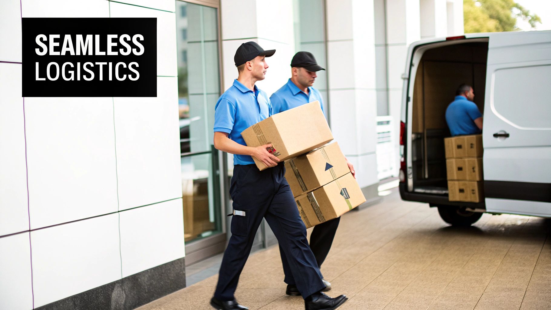 Two delivery men from Seamless Logistics carrying cardboard boxes next to a white delivery van.