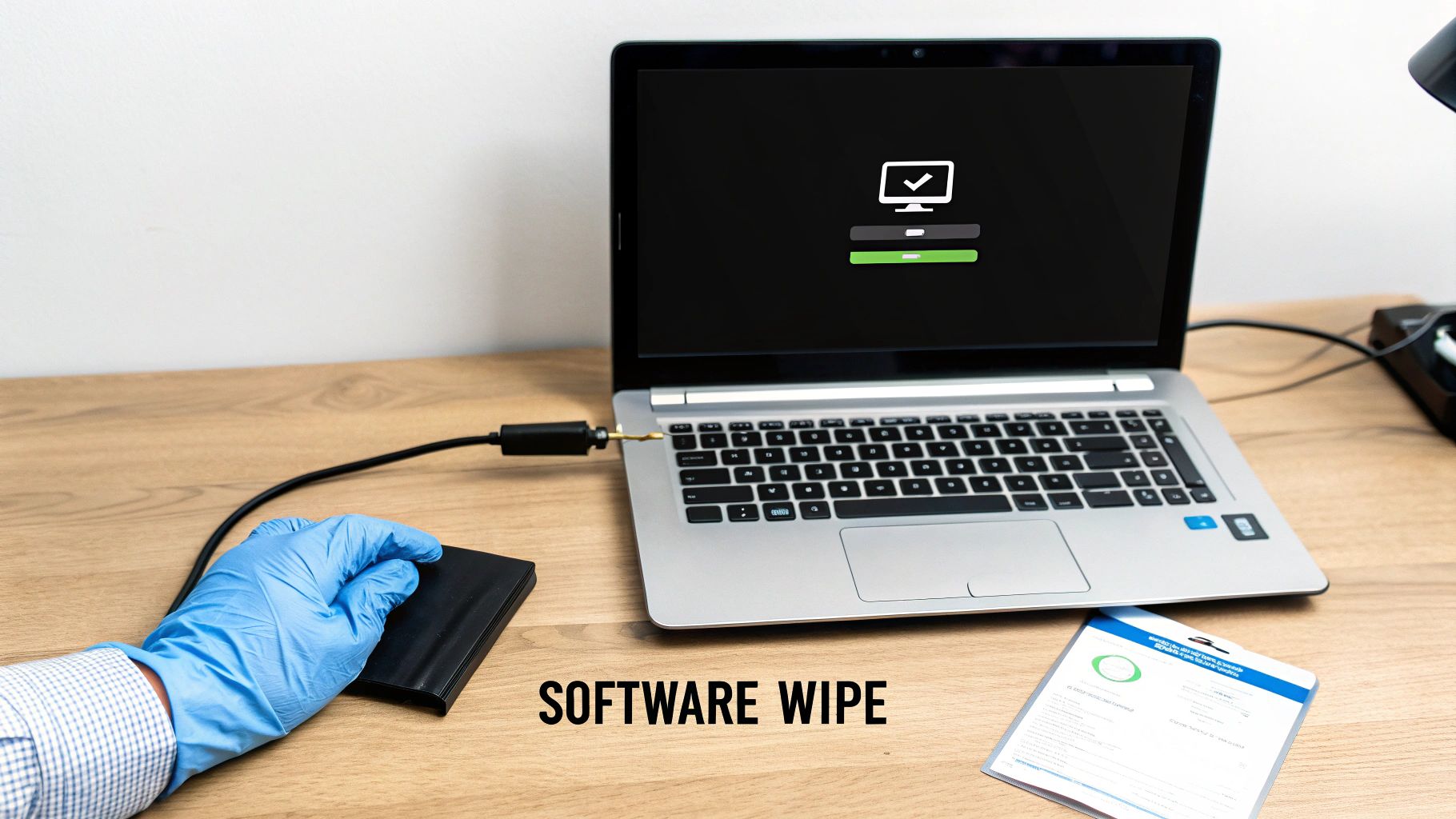 Person in blue glove connecting an external hard drive to a laptop for a software wipe.