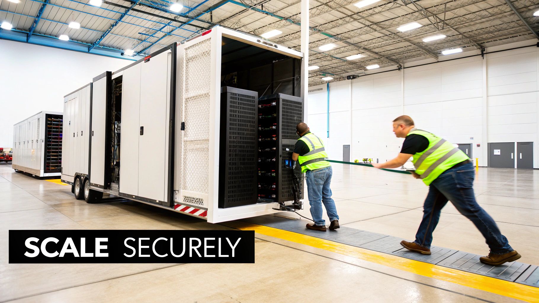 Workers in safety vests managing large, mobile data center units inside a secure warehouse.